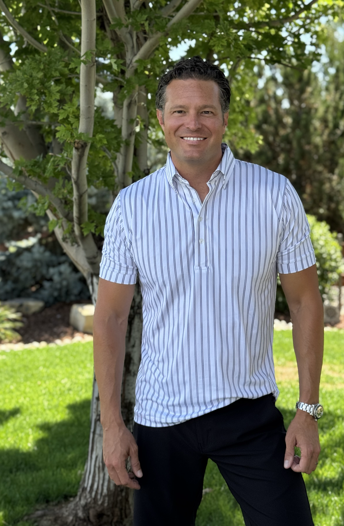 The James button down polo by DAWNKARL in black and white stripe